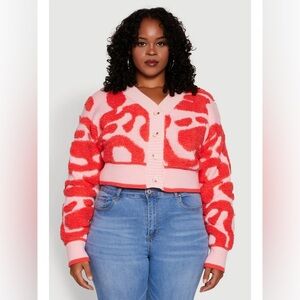 Size XL - Rainbow Plus Size Tufted Knit Button Front Cropped Cardigan